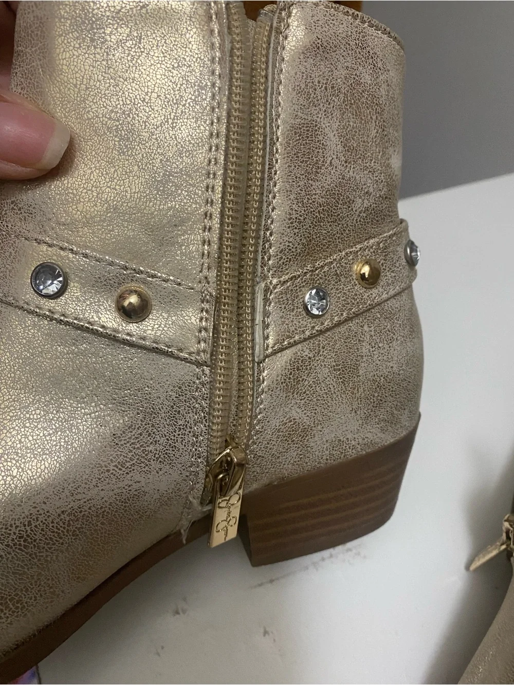 Little girls Jessica Simpson  Metallic Gold Ankle Boots with Decorative Harness